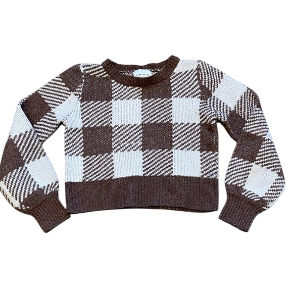 Pink Rose Sweaters - Pink Rose Chunky Knit Cropped Brown and White Checkered Sweater